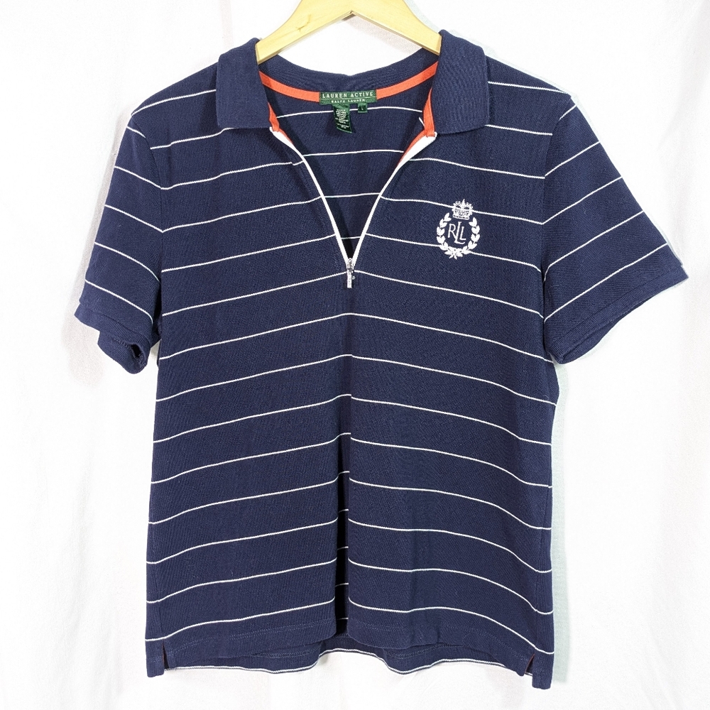 Lauren Active Short Sleeve 1/4 Zip Polo Shirt Blue White Striped Cotton Sz‎ L